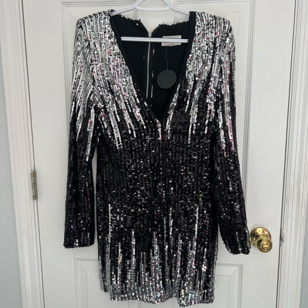 L’atiste silver and black sequins dress with patent leather belt